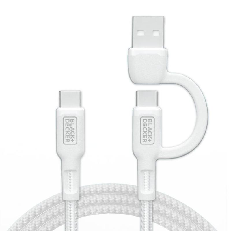 BLACK+DECKER 2-in-1 Type C Combo Cable with USB Adapter - Native Type C to C Charge Cord - Compatible iPhone 15 Braided Cable - for Travel and Daily Use - Attached Adapter with Multiple Colors - 3ft