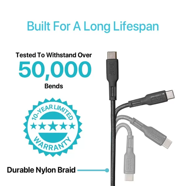 BLACK+DECKER 2-in-1 Type C Combo Cable with USB Adapter - Native Type C to C Charge Cord - Compatible iPhone 15 Braided Cable - for Travel and Daily Use - Attached Adapter with Multiple Colors - 3ft