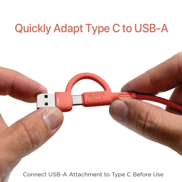 BLACK+DECKER 2-in-1 Type C Combo Cable with USB Adapter - Native Type C to C Charge Cord - Compatible iPhone 15 Braided Cable - for Travel and Daily Use - Attached Adapter with Multiple Colors - 3ft