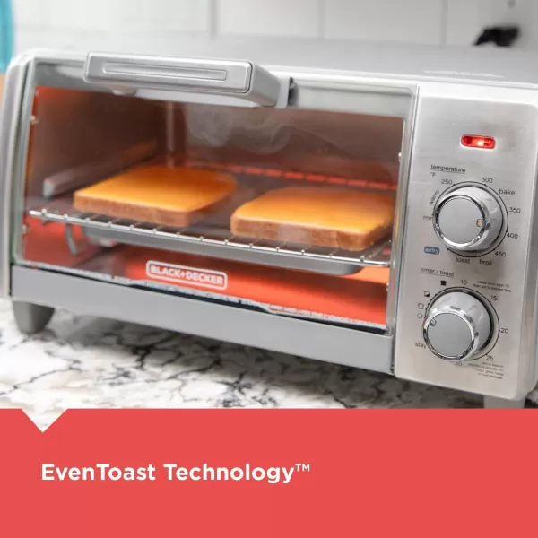 BLACK+DECKER 4-Slice Toaster Oven, TO1745SSG, Even Toast, 4 Cooking Functions Bake, Broil, Toast and Keep Warm, Removable Crumb Tray, Timer