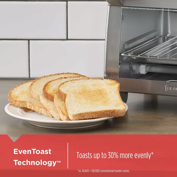 BLACK+DECKER 4-Slice Toaster Oven, TO1745SSG, Even Toast, 4 Cooking Functions Bake, Broil, Toast and Keep Warm, Removable Crumb Tray, Timer