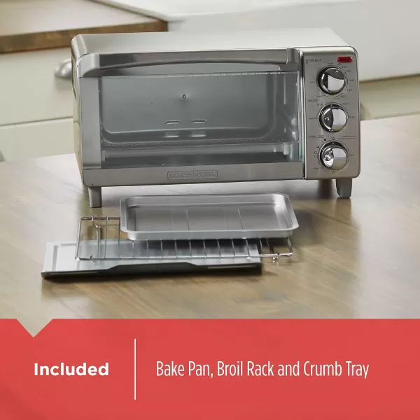 BLACK+DECKER 4-Slice Toaster Oven, TO1745SSG, Even Toast, 4 Cooking Functions Bake, Broil, Toast and Keep Warm, Removable Crumb Tray, Timer
