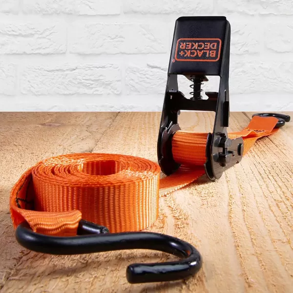 BLACK+DECKER BD1005 Black/Orange 1" x 10' Ratchet Tie Down Straps - 300 lb Safe Working Load / 900 lb Break Strength, 4 Pack)