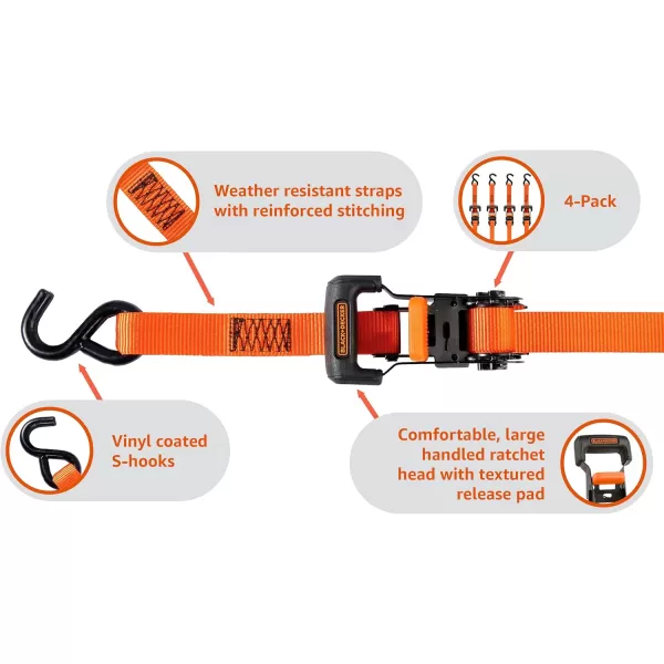 BLACK+DECKER BD1005 Black/Orange 1" x 10' Ratchet Tie Down Straps - 300 lb Safe Working Load / 900 lb Break Strength, 4 Pack)
