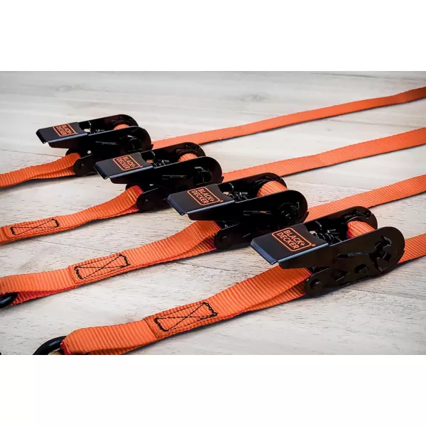 BLACK+DECKER BD1005 Black/Orange 1" x 10' Ratchet Tie Down Straps - 300 lb Safe Working Load / 900 lb Break Strength, 4 Pack)