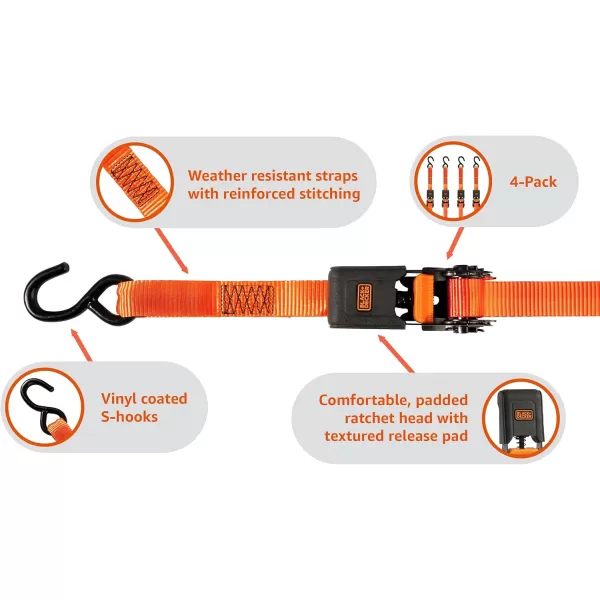 BLACK+DECKER BD1005 Black/Orange 1" x 10' Ratchet Tie Down Straps - 300 lb Safe Working Load / 900 lb Break Strength, 4 Pack)