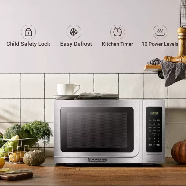 BLACK+DECKER EM031MB11 Digital Microwave Oven with Turntable Push-Button Door, Child Safety Lock, 1000W, 1.1cu.ft, Black &amp; Stainless Steel, 1.1 Cu.ft