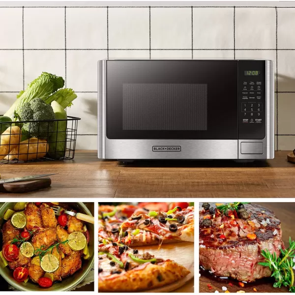 BLACK+DECKER EM031MB11 Digital Microwave Oven with Turntable Push-Button Door, Child Safety Lock, 1000W, 1.1cu.ft, Black &amp; Stainless Steel, 1.1 Cu.ft