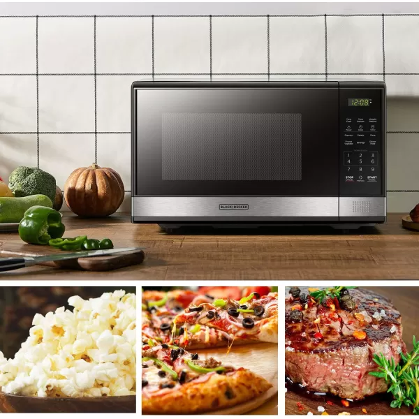 BLACK+DECKER EM031MB11 Digital Microwave Oven with Turntable Push-Button Door, Child Safety Lock, 1000W, 1.1cu.ft, Black &amp; Stainless Steel, 1.1 Cu.ft