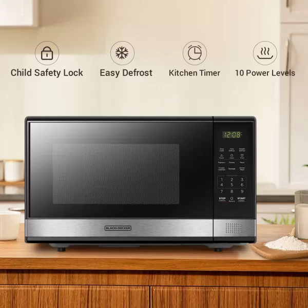 BLACK+DECKER EM031MB11 Digital Microwave Oven with Turntable Push-Button Door, Child Safety Lock, 1000W, 1.1cu.ft, Black &amp; Stainless Steel, 1.1 Cu.ft