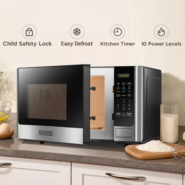 BLACK+DECKER EM031MB11 Digital Microwave Oven with Turntable Push-Button Door, Child Safety Lock, 1000W, 1.1cu.ft, Black &amp; Stainless Steel, 1.1 Cu.ft