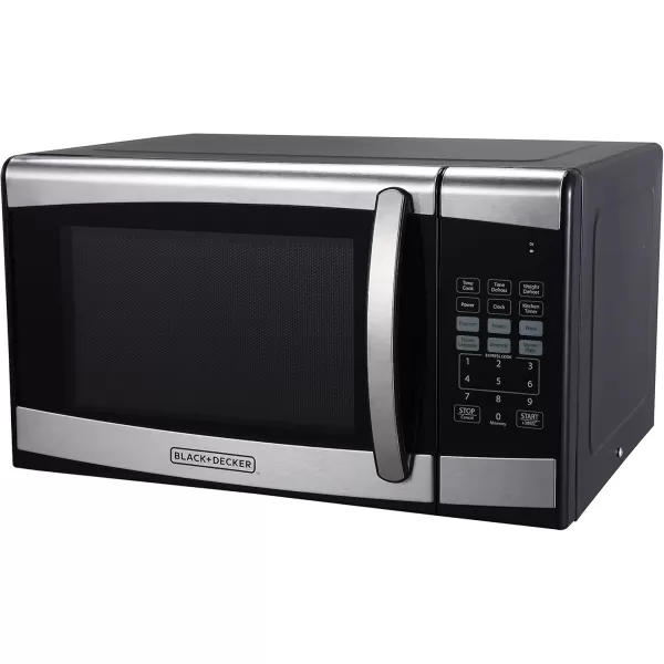 BLACK+DECKER EM925AZE-P 0.9 Cubic Foot 900 Watt Stainless Steel Microwave with Turntable, Cu.Ft, Black/Silver