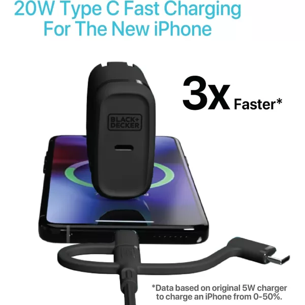 BLACK+DECKER GaN PD Wall Charger, 1-Port, 20W - USB Type C Wall Plug - Compact Power Block USB C - Type C Wall Charger Fast Charging - USB C Charger Block 20W - Perfect for Home, Office, Travel