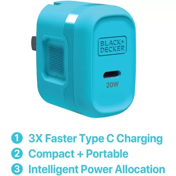 BLACK+DECKER GaN PD Wall Charger, 1-Port, 20W - USB Type C Wall Plug - Compact Power Block USB C - Type C Wall Charger Fast Charging - USB C Charger Block 20W - Perfect for Home, Office, Travel
