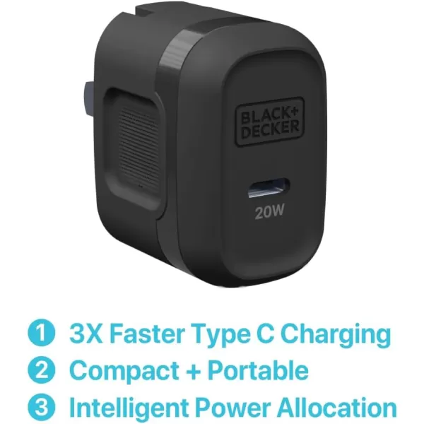 BLACK+DECKER GaN PD Wall Charger, 1-Port, 20W - USB Type C Wall Plug - Compact Power Block USB C - Type C Wall Charger Fast Charging - USB C Charger Block 20W - Perfect for Home, Office, Travel