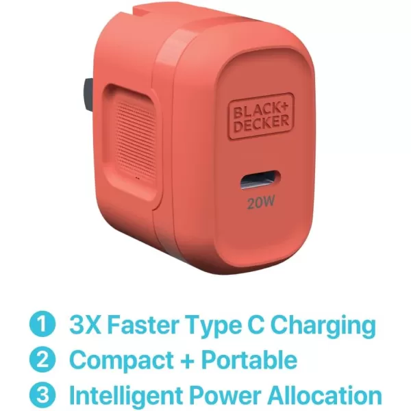 BLACK+DECKER GaN PD Wall Charger, 1-Port, 20W - USB Type C Wall Plug - Compact Power Block USB C - Type C Wall Charger Fast Charging - USB C Charger Block 20W - Perfect for Home, Office, Travel