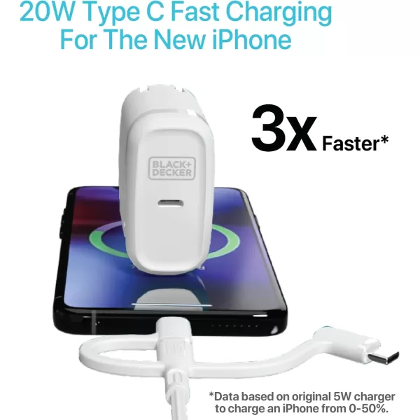 BLACK+DECKER GaN PD Wall Charger, 1-Port, 20W - USB Type C Wall Plug - Compact Power Block USB C - Type C Wall Charger Fast Charging - USB C Charger Block 20W - Perfect for Home, Office, Travel