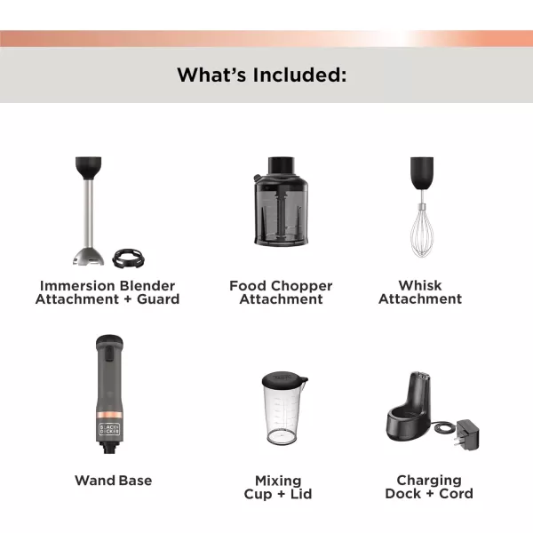 BLACK+DECKER Kitchen Wand Cordless Immersion Blender, 3 in 1 Multi Tool Set, Hand Blender with Charging Dock, Whisk, and Chopper, Grey 