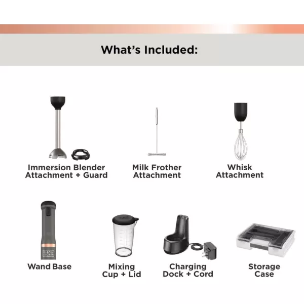 BLACK+DECKER Kitchen Wand Cordless Immersion Blender, 3 in 1 Multi Tool Set, Hand Blender with Charging Dock, Whisk and Milk Frother, Grey 