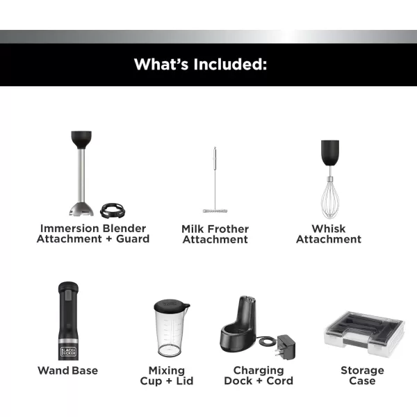 BLACK+DECKER Kitchen Wand Cordless Immersion Blender, 3 in 1 Multi Tool Set, Hand Blender with Charging Dock, Whisk and Milk Frother, Grey 