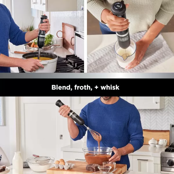 BLACK+DECKER Kitchen Wand Cordless Immersion Blender, 3 in 1 Multi Tool Set, Hand Blender with Charging Dock, Whisk and Milk Frother, Grey 