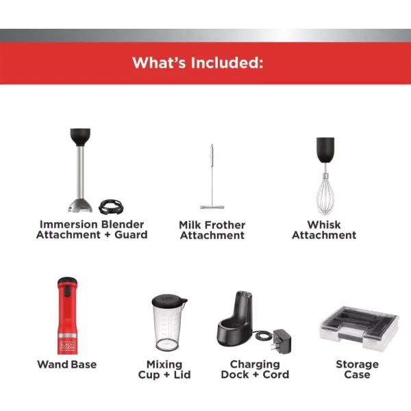 BLACK+DECKER Kitchen Wand Cordless Immersion Blender, 3 in 1 Multi Tool Set, Hand Blender with Charging Dock, Whisk and Milk Frother, Grey 