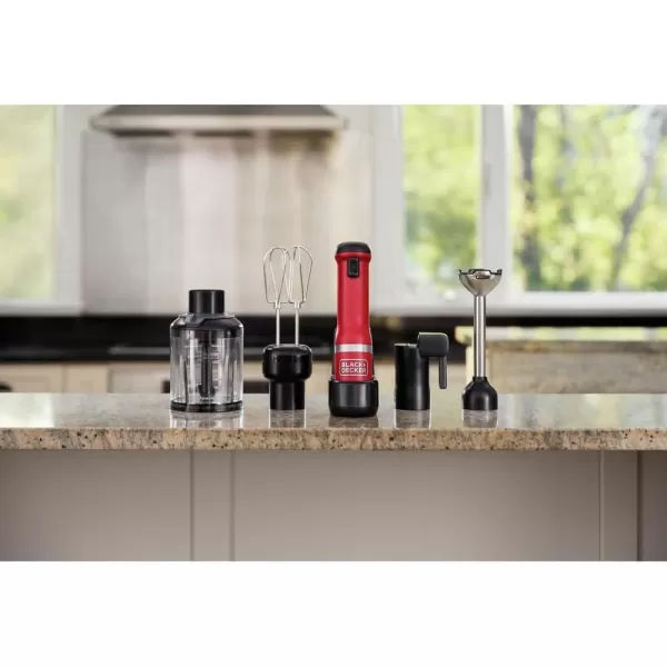 BLACK+DECKER Kitchen Wand Cordless Immersion Blender, 4 in 1 Multi Tool Set, Hand Blender with Charging Dock, Red 