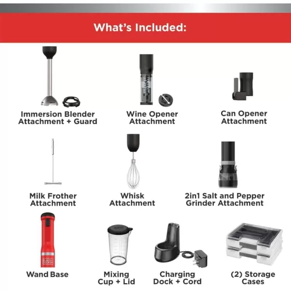 BLACK+DECKER Kitchen Wand Cordless Immersion Blender, 6 in 1 Multi Tool Set, Hand Blender with Charging Dock, Grey 