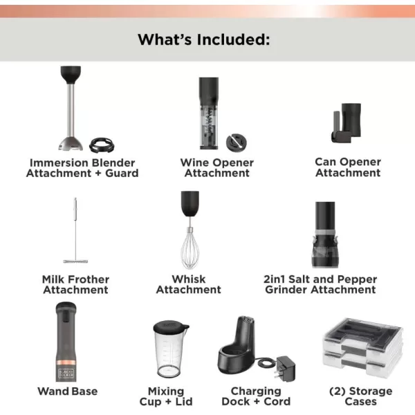 BLACK+DECKER Kitchen Wand Cordless Immersion Blender, 6 in 1 Multi Tool Set, Hand Blender with Charging Dock, Grey 