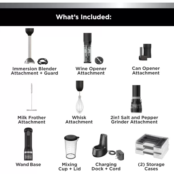 BLACK+DECKER Kitchen Wand Cordless Immersion Blender, 6 in 1 Multi Tool Set, Hand Blender with Charging Dock, Grey 