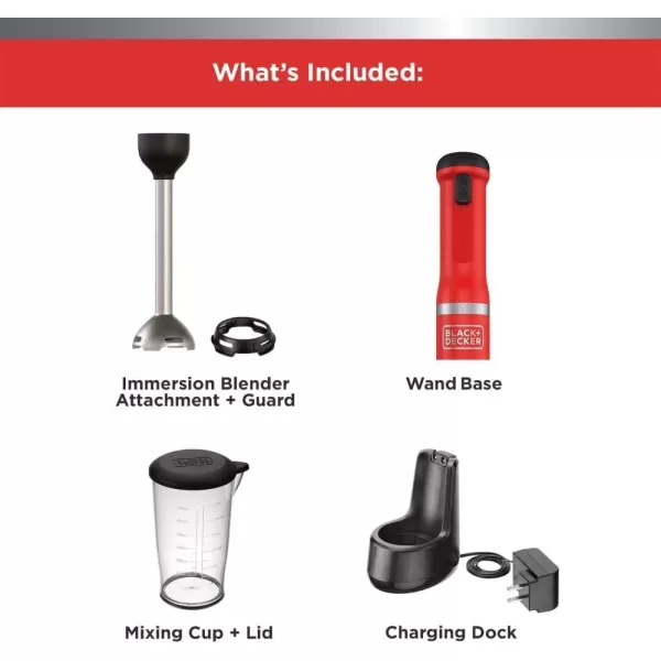 BLACK+DECKER Kitchen Wand Cordless Immersion Blender, Hand Blender with Charging Dock, Red 