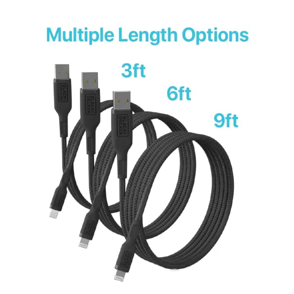BLACK+DECKER Lightning to USB Cable - Fast Compatible iPhone Lightning Cable - Durable Braided iPhone Charger Cord - for Travel and Daily Use - Multiple Color + Length Options - 6ft