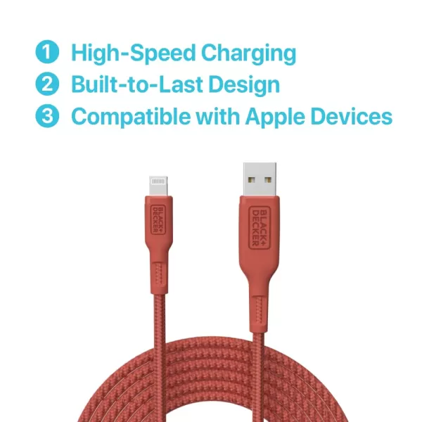BLACK+DECKER Lightning to USB Cable - Fast Compatible iPhone Lightning Cable - Durable Braided iPhone Charger Cord - for Travel and Daily Use - Multiple Color + Length Options - 6ft