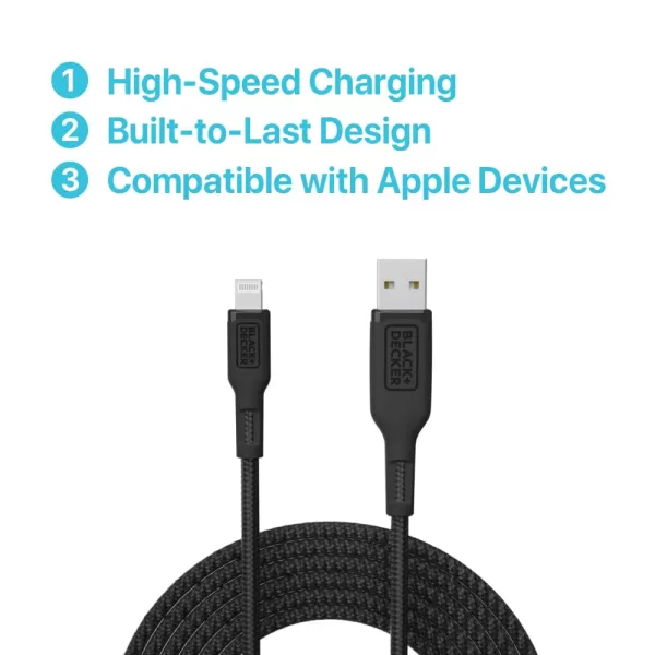 BLACK+DECKER Lightning to USB Cable - Fast Compatible iPhone Lightning Cable - Durable Braided iPhone Charger Cord - for Travel and Daily Use - Multiple Color + Length Options - 6ft