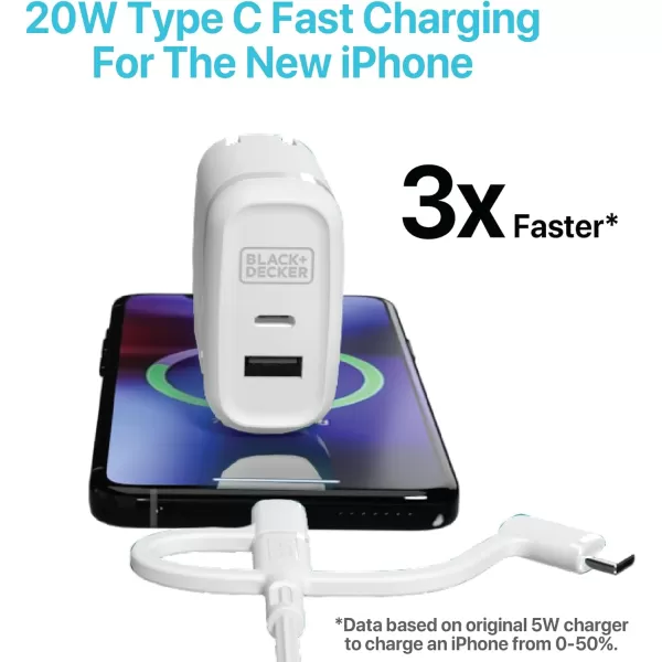 BLACK+DECKER Quick-Charge PD Wall Charger, 2-Port, 38W - USB &amp; Type C Wall Plug - Compact Power Block USB C - Fast Charger Adapter Power Delivery &amp; Qualcomm QC 3.0 - Perfect for Home, Office, Travel
