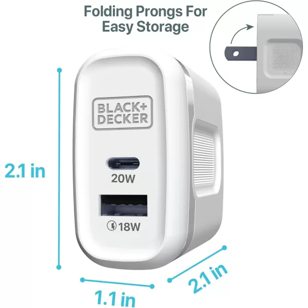 BLACK+DECKER Quick-Charge PD Wall Charger, 2-Port, 38W - USB &amp; Type C Wall Plug - Compact Power Block USB C - Fast Charger Adapter Power Delivery &amp; Qualcomm QC 3.0 - Perfect for Home, Office, Travel