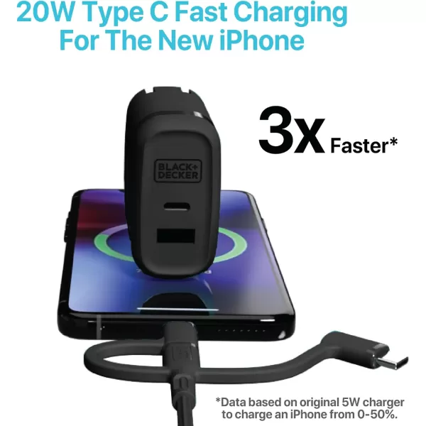 BLACK+DECKER Quick-Charge PD Wall Charger, 2-Port, 38W - USB &amp; Type C Wall Plug - Compact Power Block USB C - Fast Charger Adapter Power Delivery &amp; Qualcomm QC 3.0 - Perfect for Home, Office, Travel
