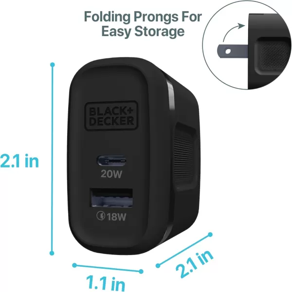 BLACK+DECKER Quick-Charge PD Wall Charger, 2-Port, 38W - USB &amp; Type C Wall Plug - Compact Power Block USB C - Fast Charger Adapter Power Delivery &amp; Qualcomm QC 3.0 - Perfect for Home, Office, Travel
