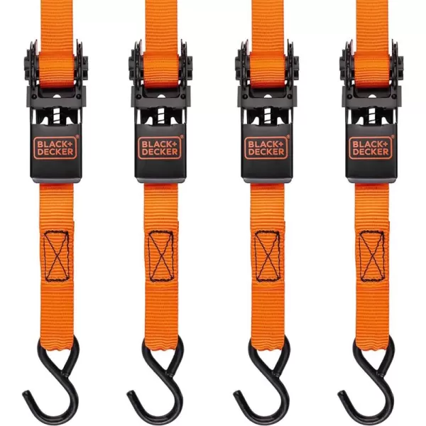 BLACK+DECKER BD1005 Black/Orange 1" x 10' Ratchet Tie Down Straps - 300 lb Safe Working Load / 900 lb Break Strength, 4 Pack)