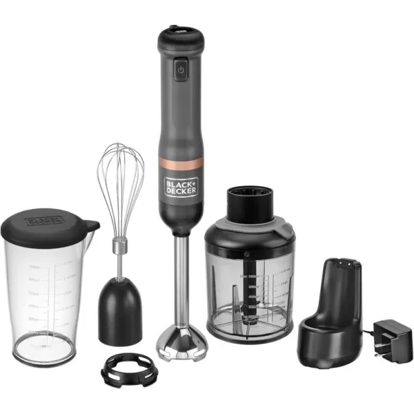 BLACK+DECKER Kitchen Wand Cordless Immersion Blender, 3 in 1 Multi Tool Set, Hand Blender with Charging Dock, Whisk, and Chopper, Grey 