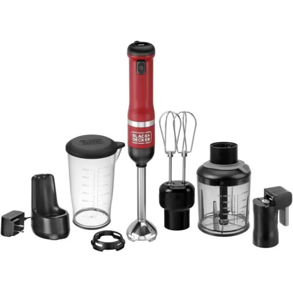 BLACK+DECKER Kitchen Wand Cordless Immersion Blender, 4 in 1 Multi Tool Set, Hand Blender with Charging Dock, Red 