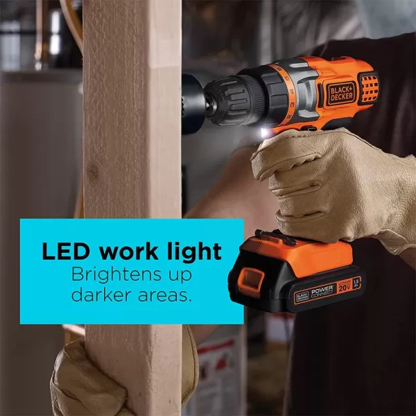 BLACK+DECKER 20V MAX Cordless Drill Driver with Battery and Charger, LED Work Light 