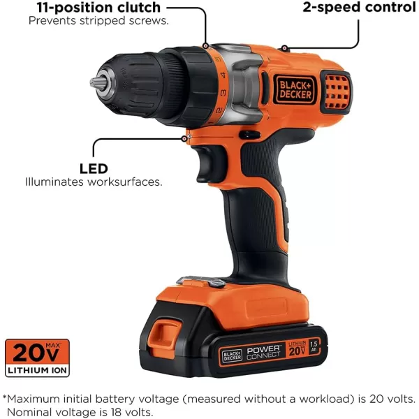 BLACK+DECKER 20V MAX Cordless Drill Driver with Battery and Charger, LED Work Light 