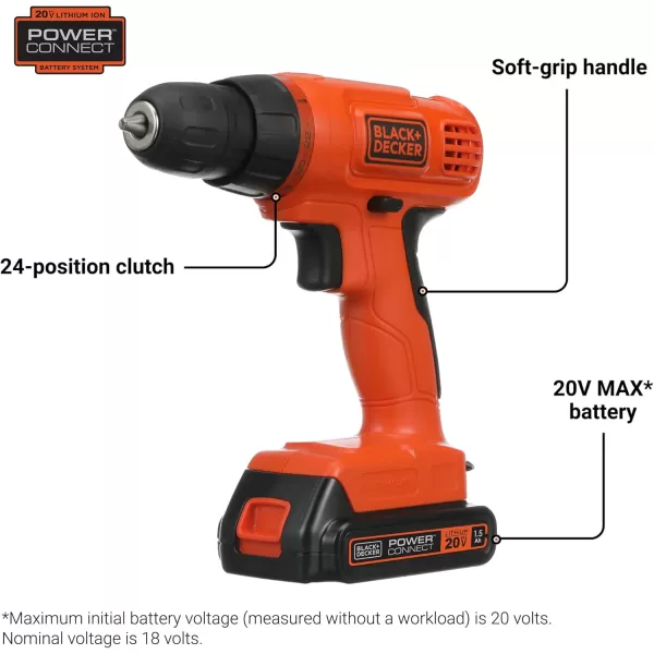 BLACK+DECKER 20V MAX* POWERCONNECT Cordless Drill Kit + 100 pc. Kit , Orange