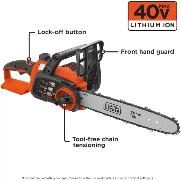 BLACK+DECKER 40V MAX* Cordless Chainsaw, Tool Only, 12 in. 