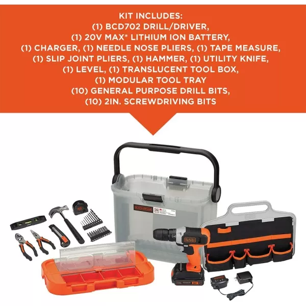BLACK+DECKER BCKSB29C1 20V MAX* Cordless Drill with 28-Piece Home Project Kit in Translucent Tool Box