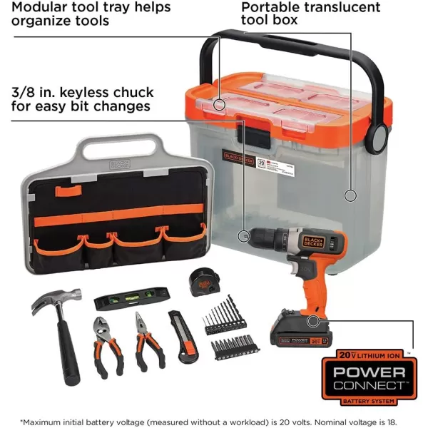 BLACK+DECKER BCKSB29C1 20V MAX* Cordless Drill with 28-Piece Home Project Kit in Translucent Tool Box