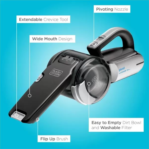 BLACK+DECKER dustbuster PIVOT VAC Cordless Handheld Vacuum, Home and Car Vacuum with Crevice Tool and Pivot Nozzle 