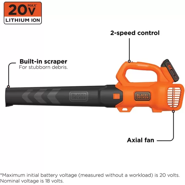 Black+Decker 20V MAX Cordless Leaf Blower, 2-Speed, Up to 90 MPH, with Battery and Charger 