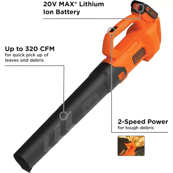 Black+Decker 20V MAX Cordless Leaf Blower, 2-Speed, Up to 90 MPH, with Battery and Charger 